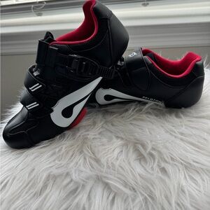 Peloton Women Cycling Shoes- Black with White and Red Accents